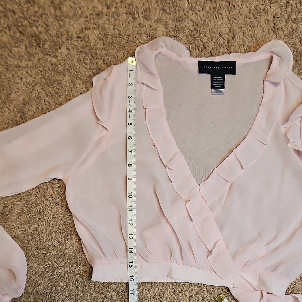Know One Cares Sheer Mesh Pink Ruffle Wrap Blouse - Picture 8 of 8